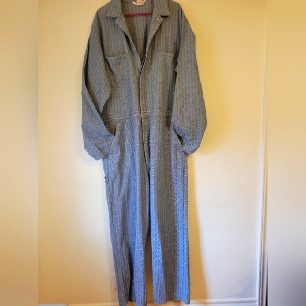 VINTAGE WEARGUARD COVERALLS BLUE COTTON HERRINGBONE DENIM WORKWEAR 46L - Picture 2 of 12